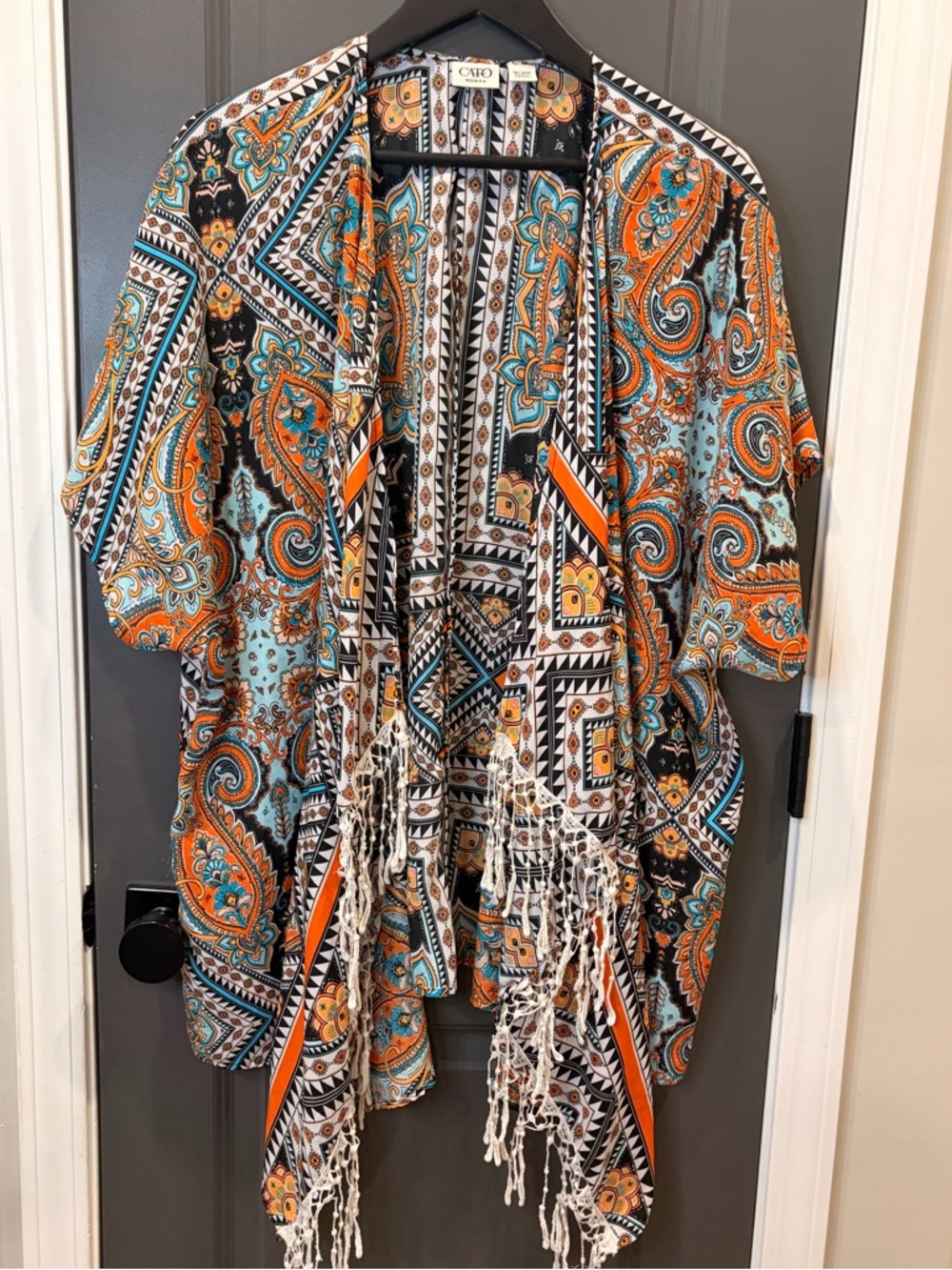 Beautiful Cato Teal and Orange Paisley Boho Fringe Kimono-18W 20W